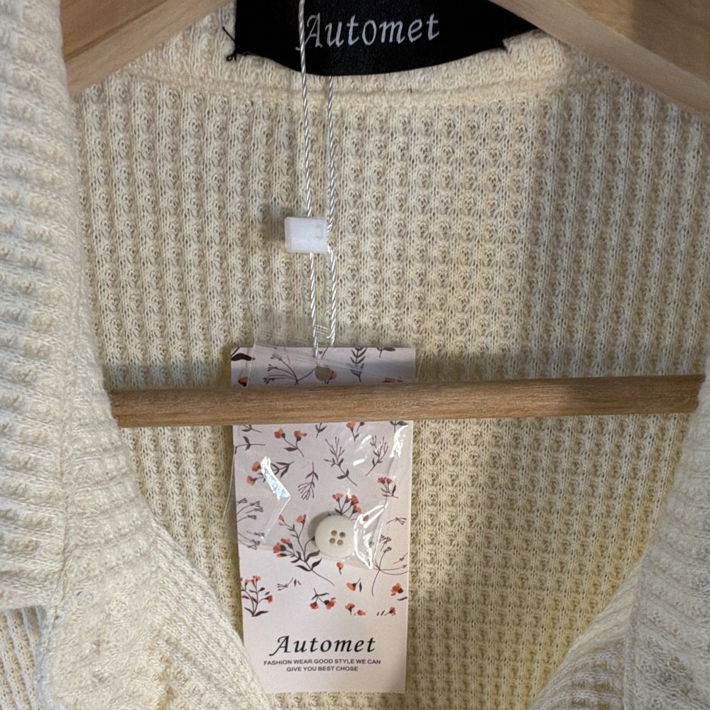 Automet Women's M Ivory Solid Waffle-Knit Collared Button Front Pocket Cardigan